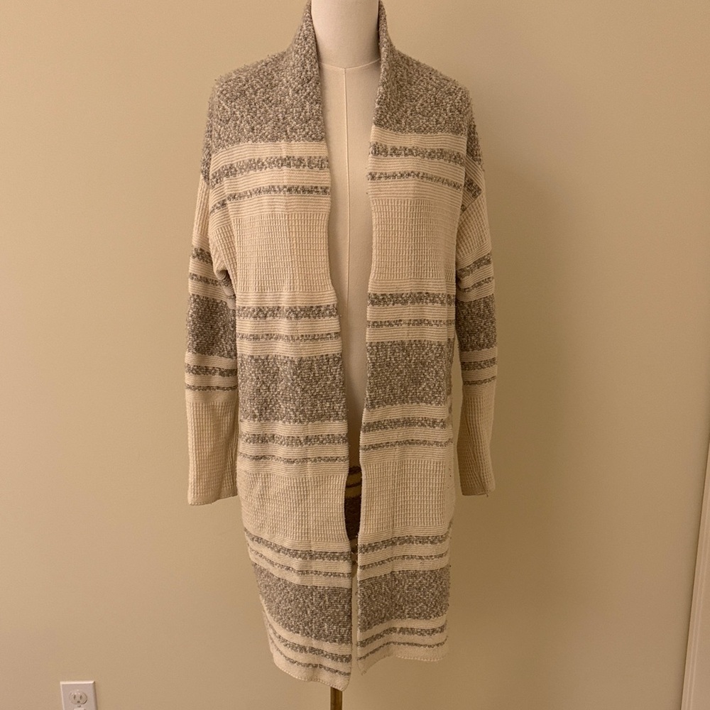 Athleta Cream and Gray Striped Cardigan